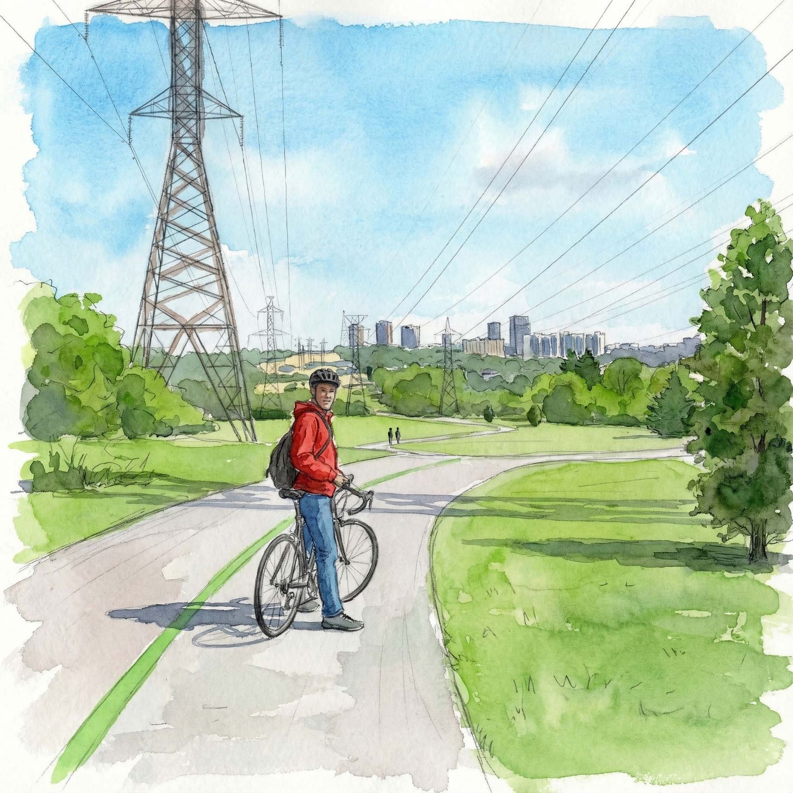 A watercolour of a cyclist on a trail under hydro towers, the city behind